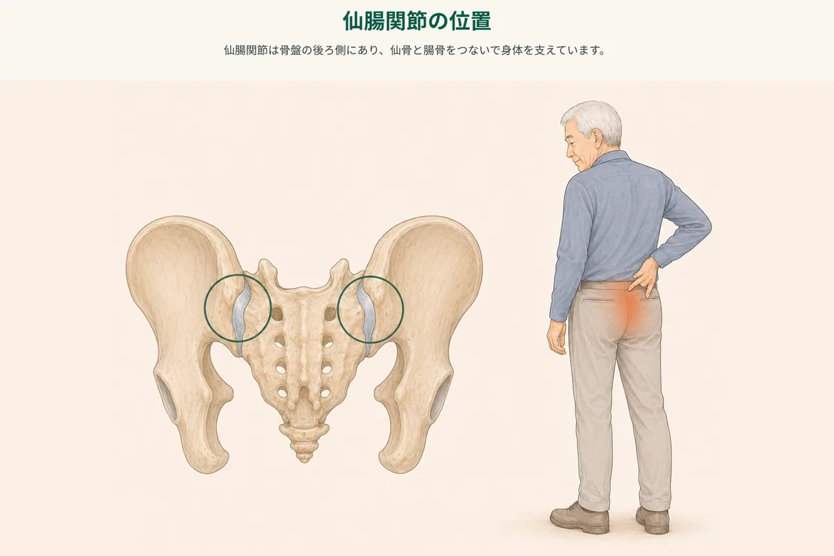 骨盤後面の仙腸関節と片側の腰やお尻に痛みを感じる範囲