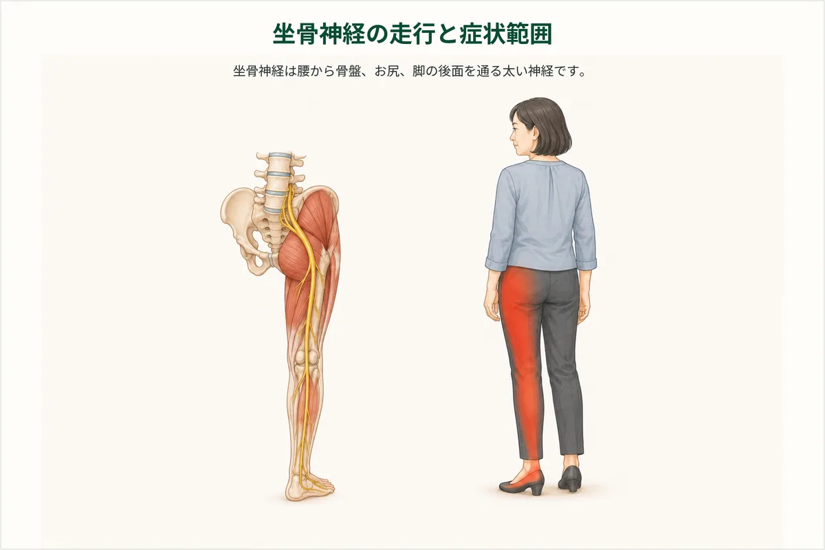 坐骨神経が腰からお尻と脚の後面へ続く位置