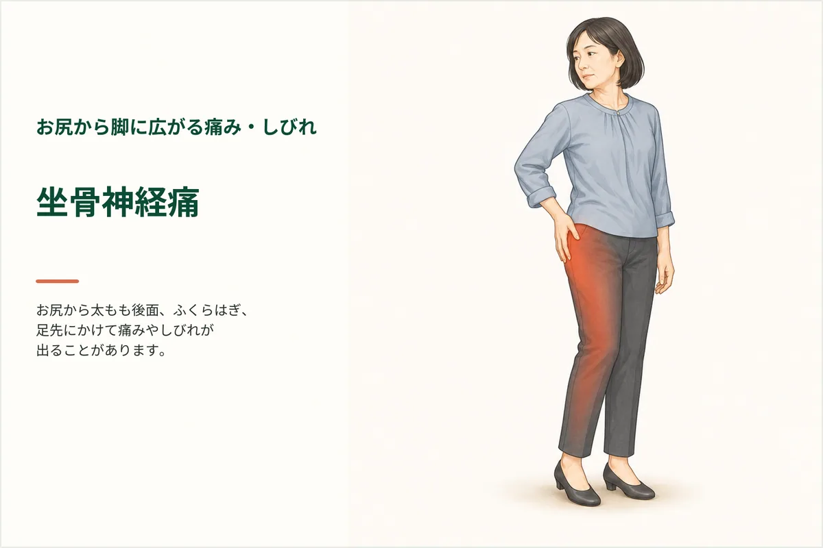 お尻から脚へ痛み・しびれが広がる｜坐骨神経痛で記録したい生活場面のイメージ