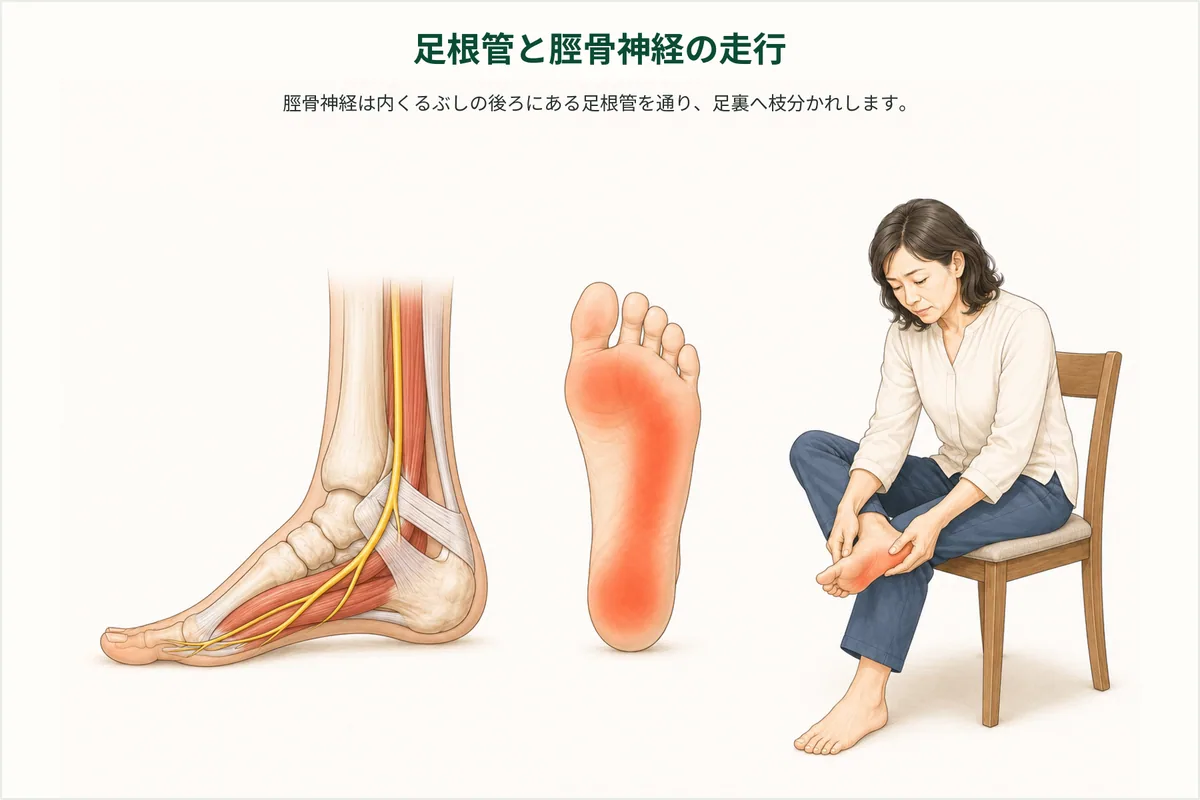 内くるぶし後方の足根管と足裏へ分かれる脛骨神経