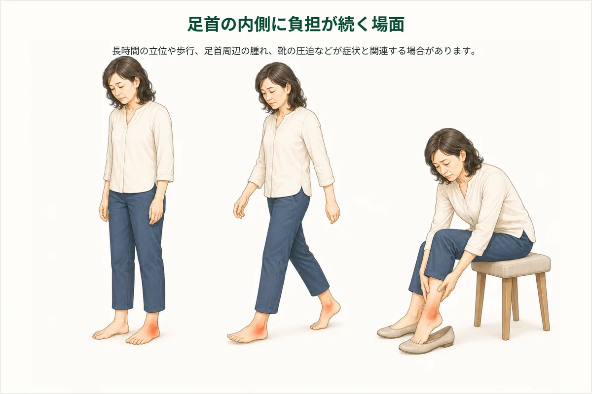 長時間の立位、歩行、靴の圧迫で足首内側に負担を感じる場面