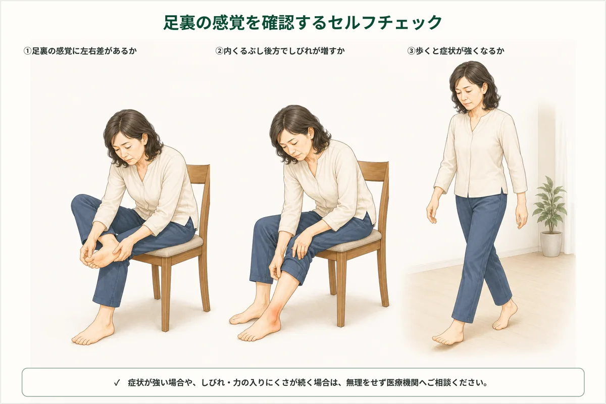 足裏の感覚、内くるぶし周辺、歩行時の変化を観察する図