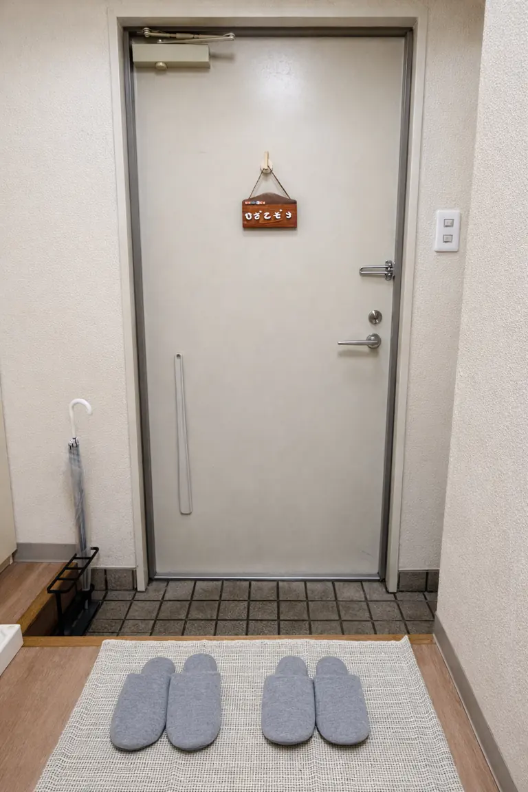 整体院ひざこぞう 玄関ドアとスリッパを整えた入口