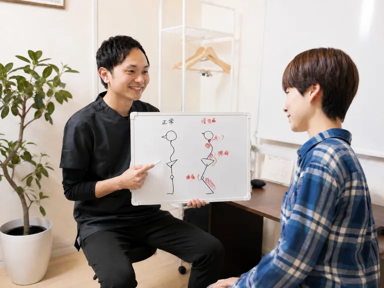 ホワイトボードを使って体の状態と施術方針を説明している様子