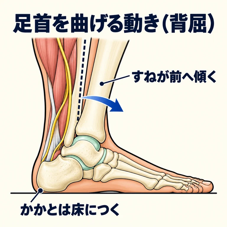 足を床につけたとき、すねが前へ傾く足首の背屈を示す模式図です。膝痛の原因を示す図ではありません。