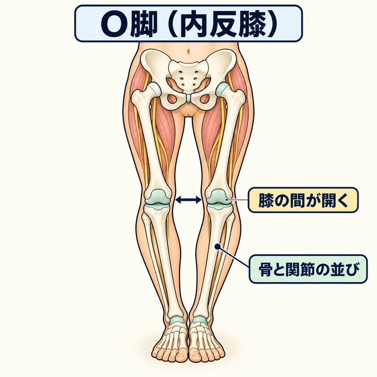 O脚の骨と関節の並びを、正面から簡略化した模式図です。痛みの有無を示す図ではありません。