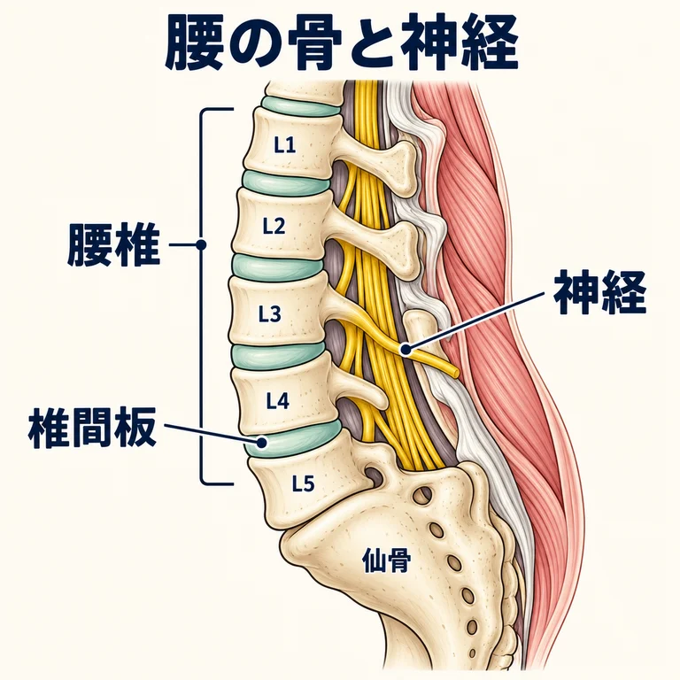 腰椎、椎間板、腰から出る神経の位置を示す模式図です。
