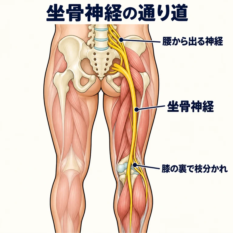 腰から脚へ続く神経と、坐骨神経の通り道を示す模式図です。