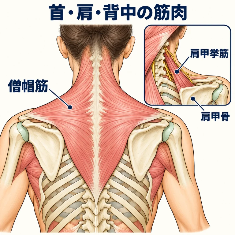 首・肩・背中の筋肉と、肩甲骨の位置を示す模式図です。