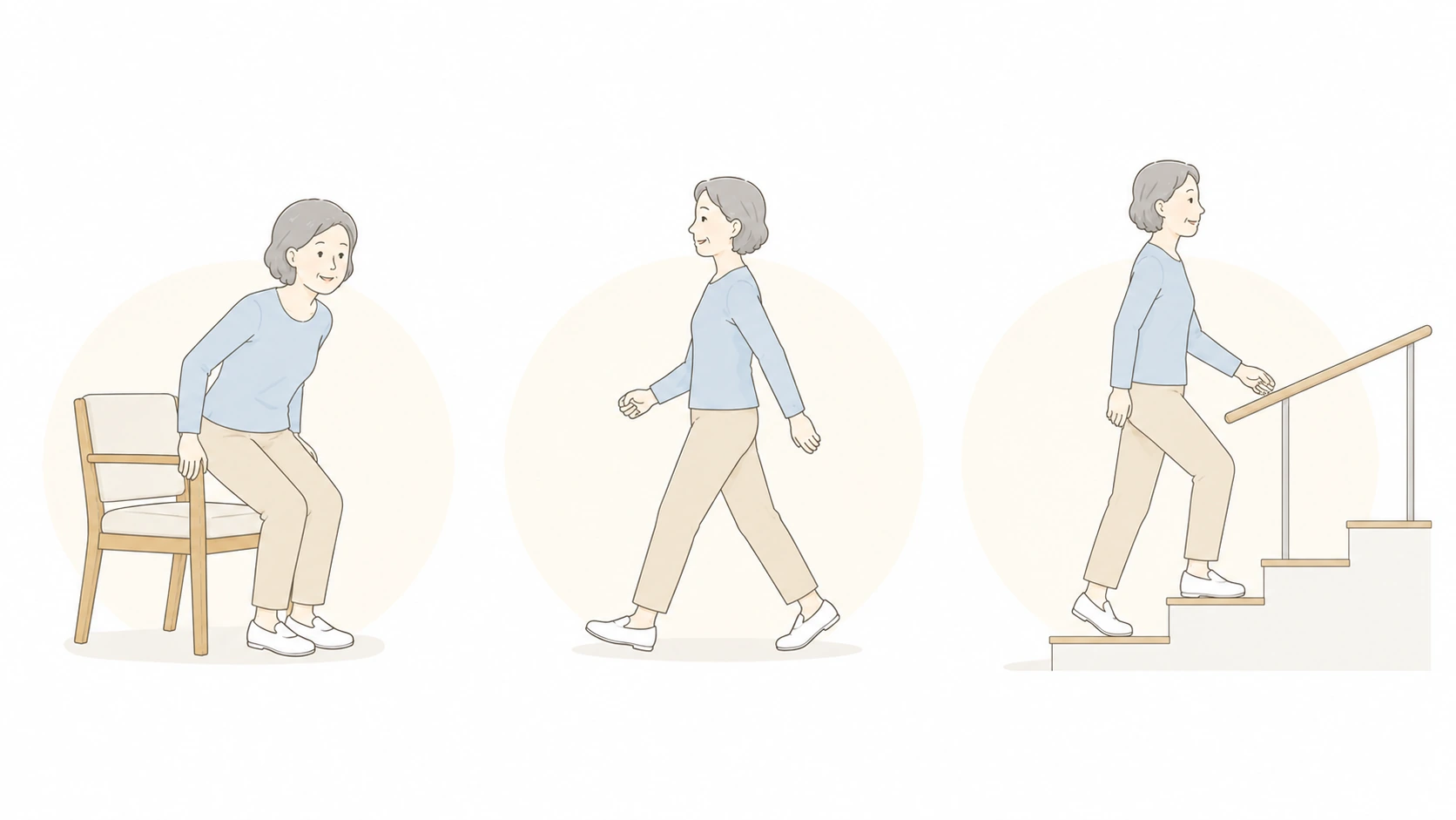 女性が椅子から立つ、歩く、階段を上がる様子のイラスト