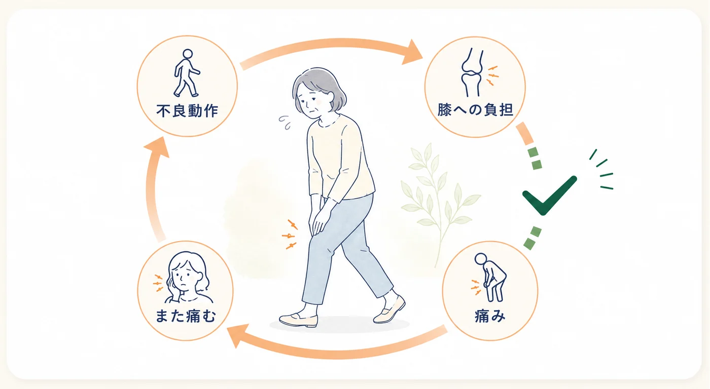 不良動作から膝の痛みが戻る悪循環の図解