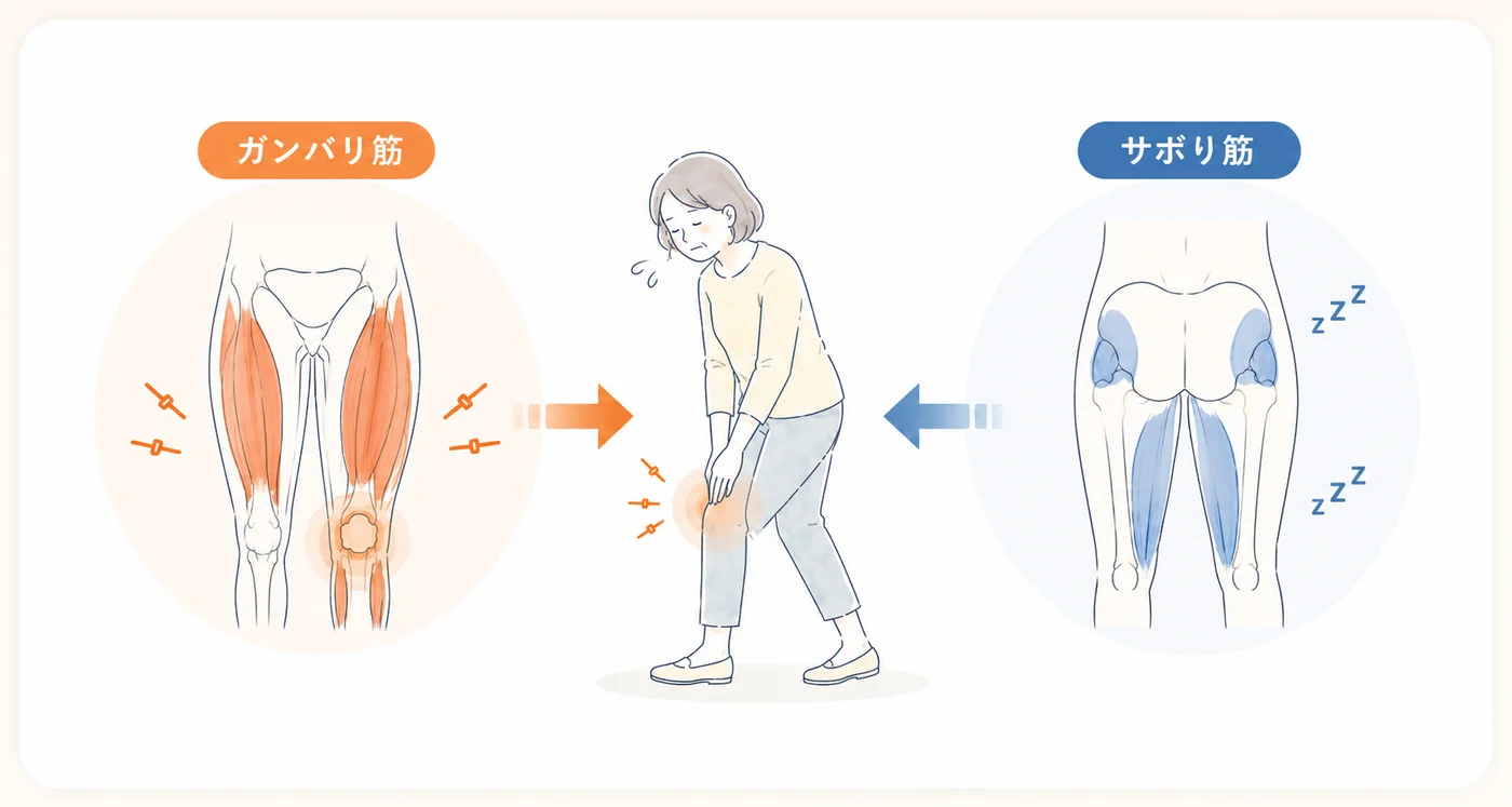 サボり筋と頑張りすぎな筋肉による膝への負担の図解